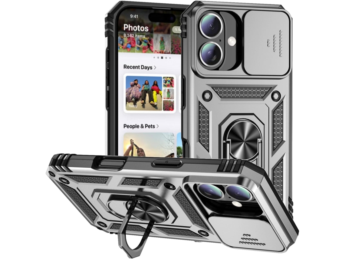 Capa magnética AEUZWR compatível com iPhone 16 com protetor de câmera, suporte e proteção contra impactos, cor prata.