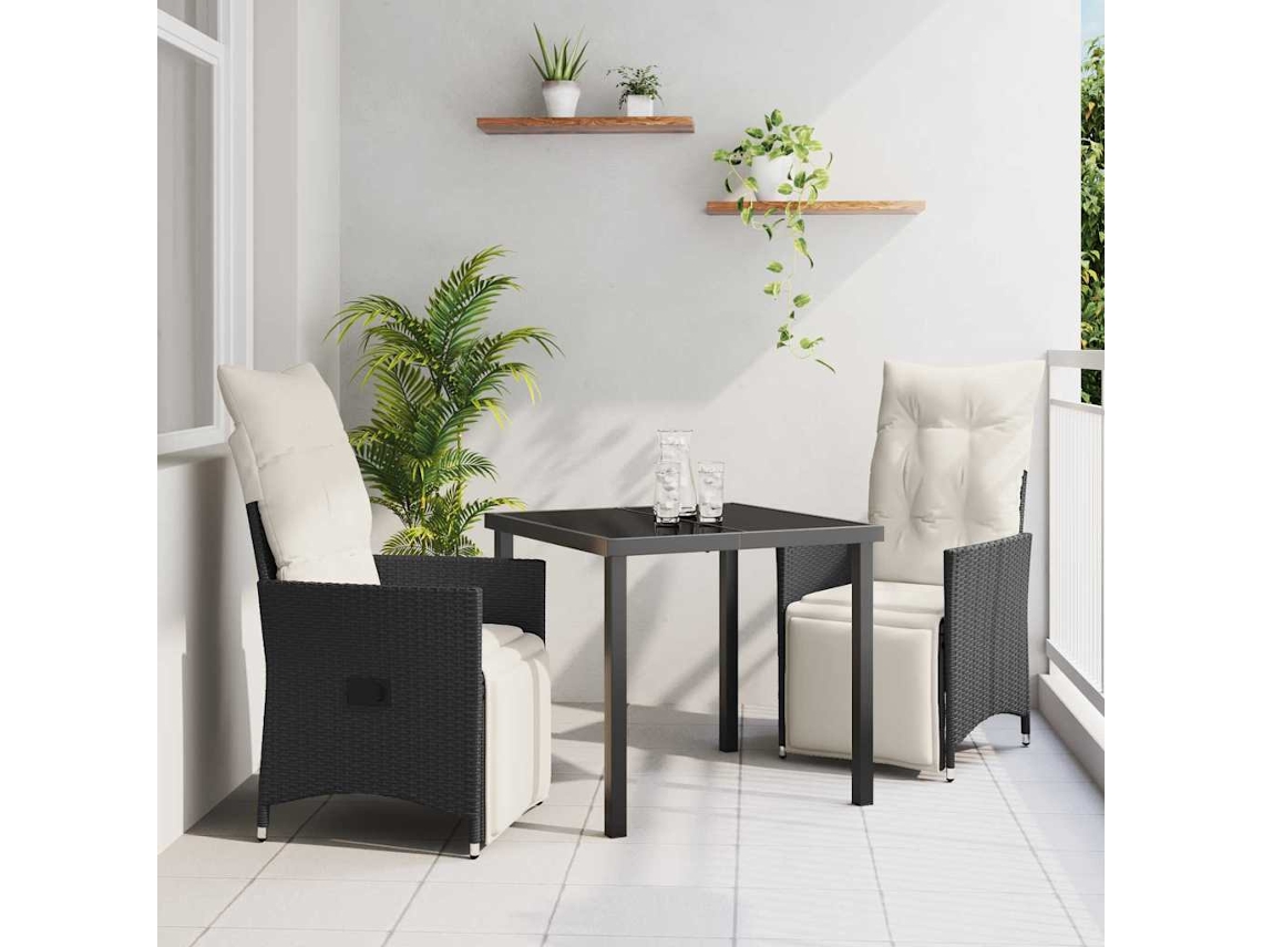 Vidaxl Conjunto de Jantar para Jardim com Almofada 3 Pcs Preto Vime Pe