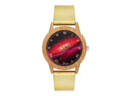 Relógio de pulso unissex com pulseira de malha, mostrador redondo moderno, movimento de quartzo dourado.