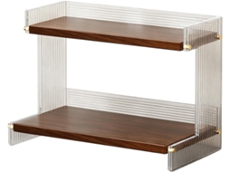 Expositor Contemporâneo De Acrílico Dois Níveis Com Acabamento Em Madeira Natural, Ideal Para Otimizar Espaço E Decorar