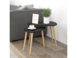 Conjunto De 2 Mesas Laterais De Madeira Pinho Para Sala, Modelo Ninho Moderno, Nas Cores Preto E Natural