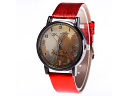 Relógio de quartzo unissex com pulseira de couro PU, mostrador redondo e design horizontal (vermelho)