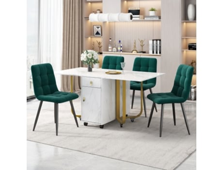 Conjunto De Jantar Mesa 150x80x76cm Com 4 Cadeiras De Veludo, Dobrável E Estofadas, Tampo Em Mdf Branco E Pernas Pretas. Mega Echo Trade Shop