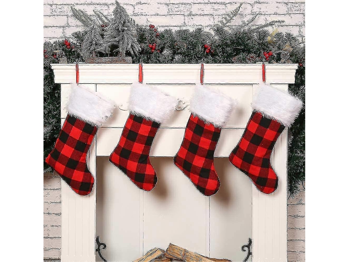 Meias De Natal Xadrez Vermelha E Preta Com Couro Sintético, 18,4 Unidades Olysi Shop