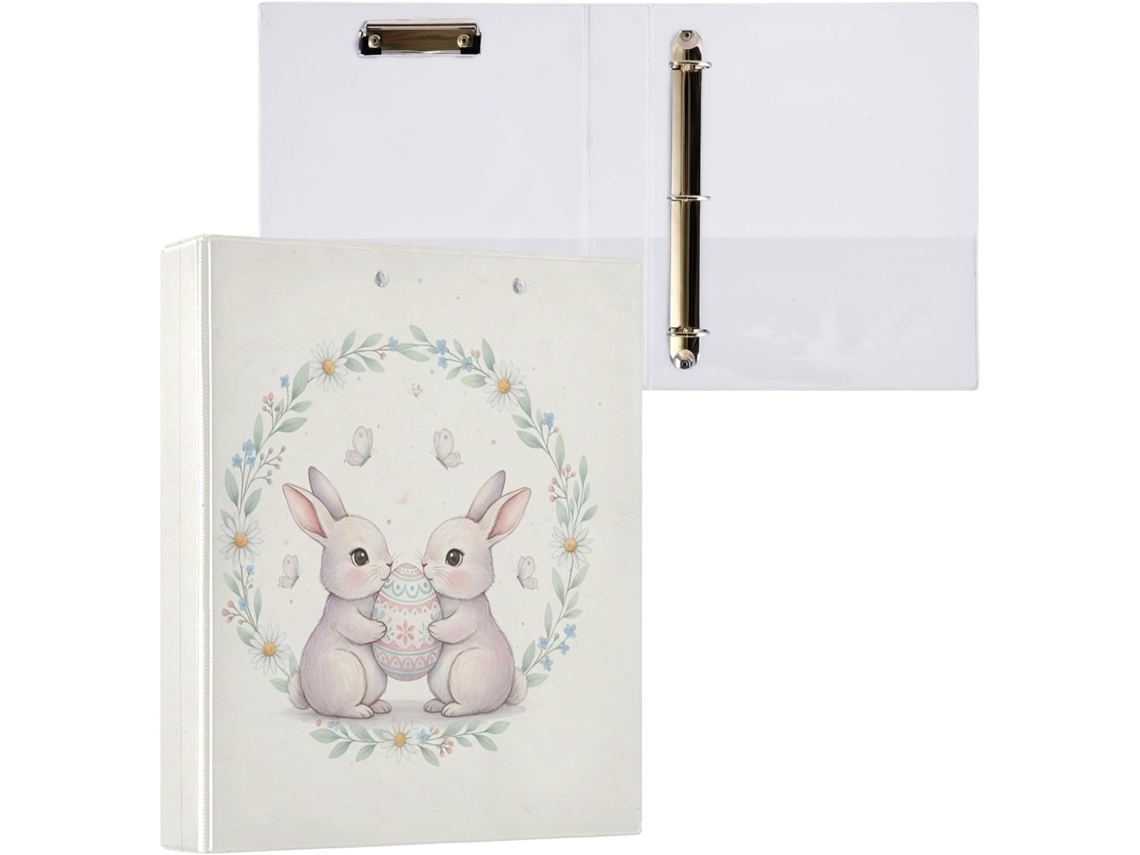 Pasta de 3 Argolas para Papel Tamanho Carta , Coelhinho da Páscoa Redondo e Fofo com Porta pra (27,9 X 21,6 Cm)