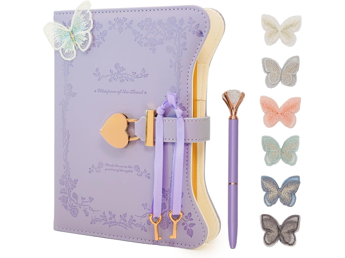Diário Com Cadeado E Chave, 360 Páginas Com Bordas Douradas, B6 Secret, Caderno Recarregável Com Caneta E Borboleta Para Mulheres Brilvibera (roxo)