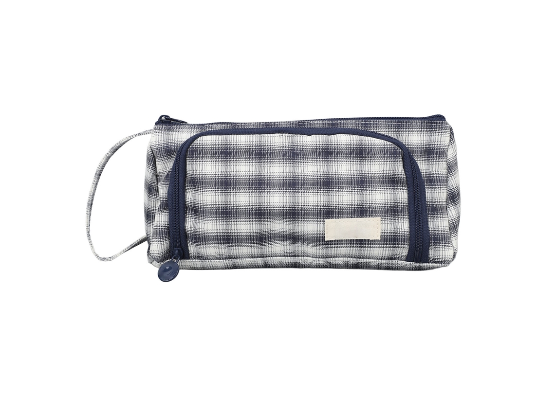 Estuche De Lona Para Lápices De Doble Capa, Gran Capacidad, Lindo Estuche Portátil Para Lápices Para Estudiantes, Cuadros Azules Y Grises.