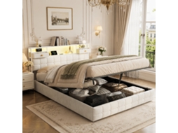 Cama Estofada 160x200 Cm, Com Espaço De Arrumação, Iluminação Led E Posto De Carregamento, Cómoda Hidráulica, Com Gaveta Na Cama, Bege, Mexus