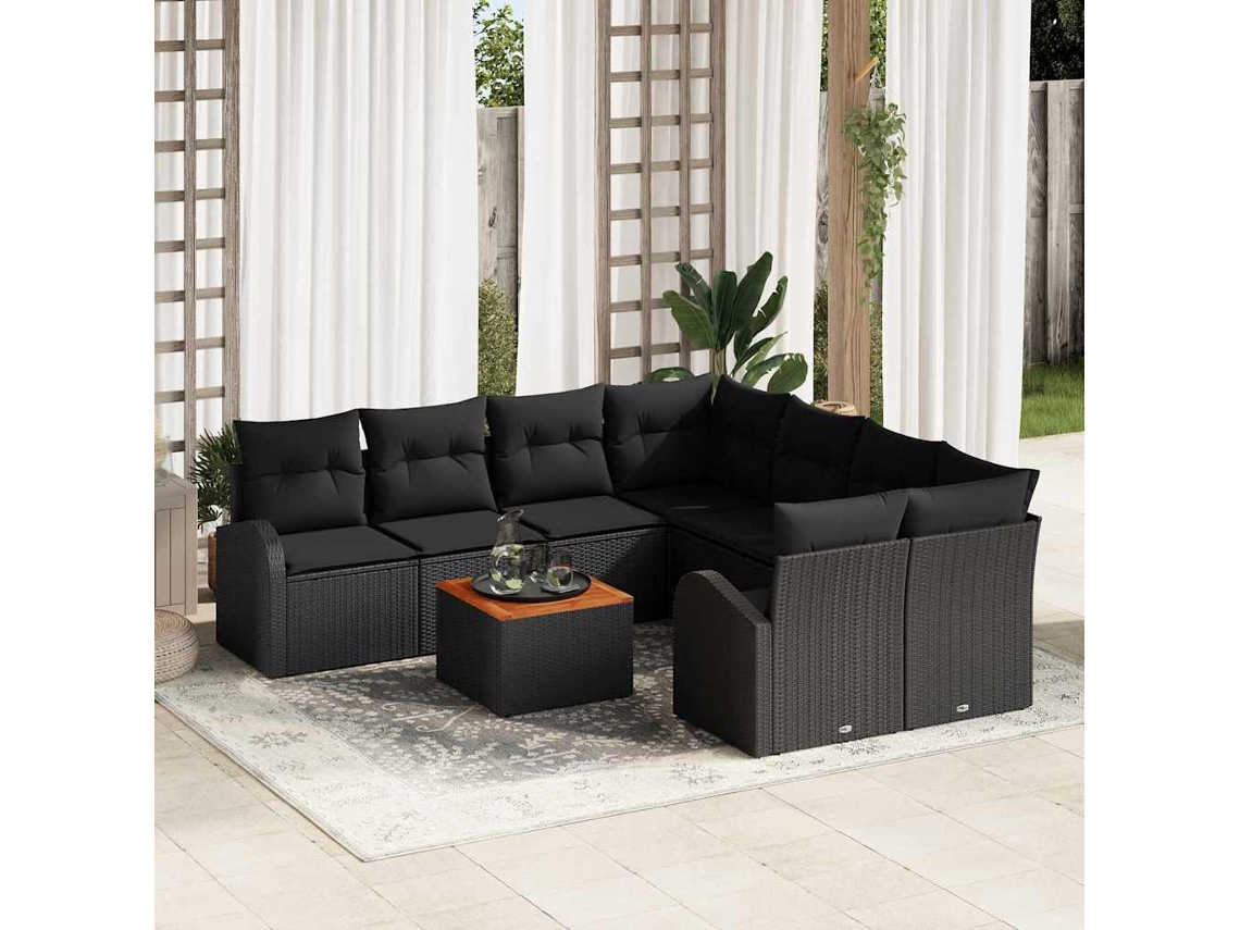 Vidaxl Conjunto de Sofá de Jardim com Almofada 9 Pcs Preto Vime Pe