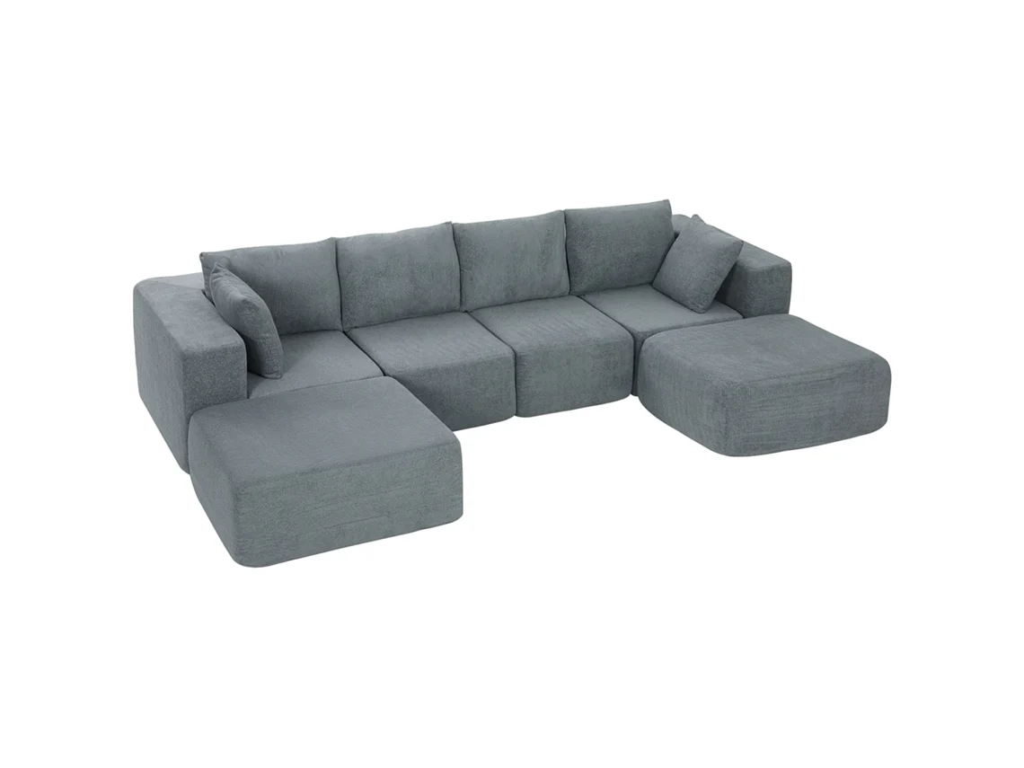 Sofá Canto Modular U Assento Amplo 2 Banquetas Cinza