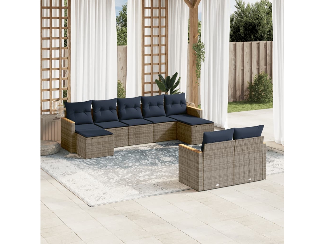 Vidaxl Conjunto De Sofá De Jardim De 9 Peças Com Almofadas Em Rattan Sintético Cinza