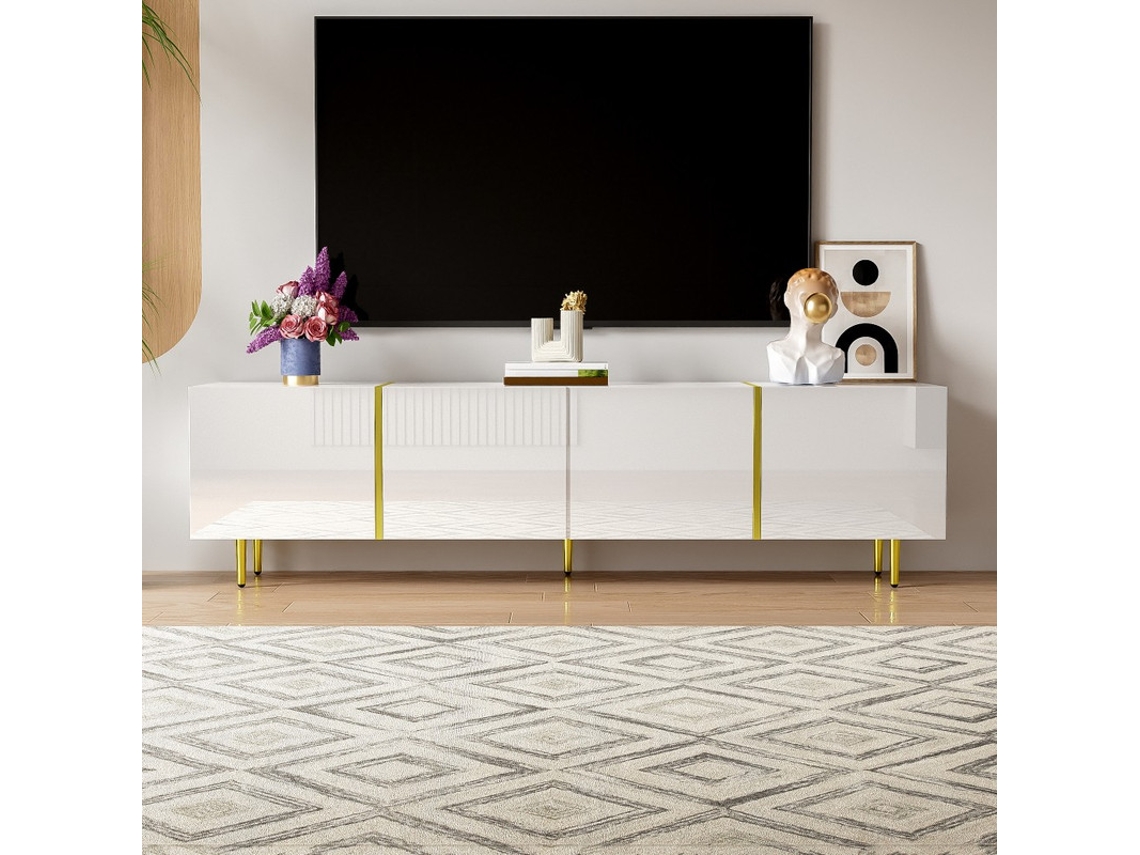 Móvel moderno para TV PAPRIKA em branco de alto brilho, simples e elegante, com quatro portas.