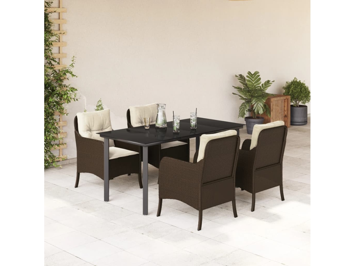Vidaxl 5 Pcs Conjunto Jantar P/ Jardim C/ Almofadões Vime Pe Castanho