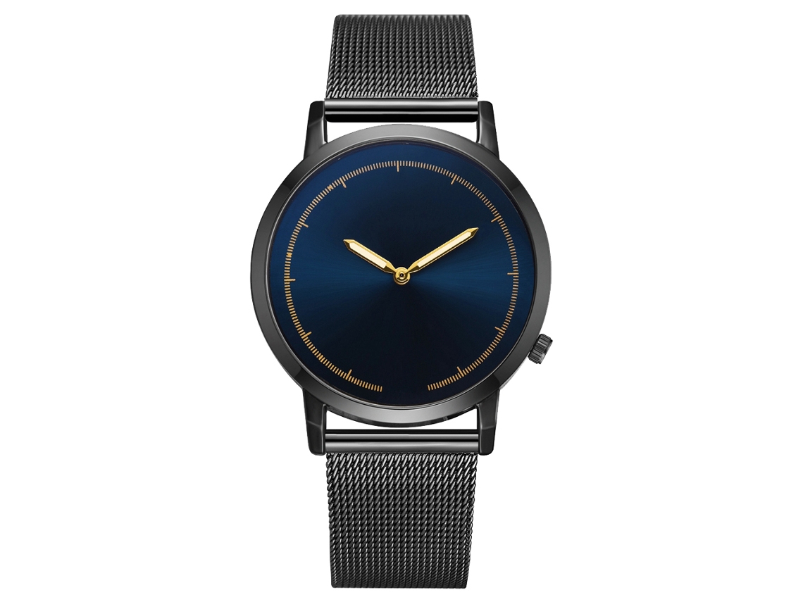 Relógio de negócios simples e elegante para homens e mulheres, com pulseira de liga metálica e mecanismo de quartzo, nas cores preto e azul.