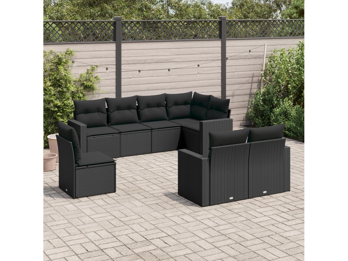 Vidaxl 8 Pcs Conjunto Sofás De Jardim Com Almofadões Vime Pe Preto