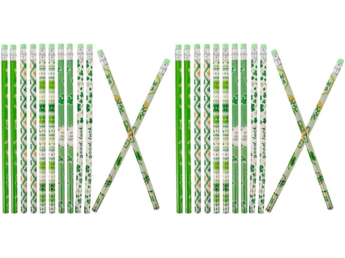 Conjunto de 24 Lápis Madeira Verde com Desenho Trevo Quatro Folhas, Mina Resistente À Quebra CHABERLU