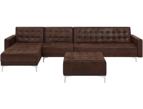 ZEBLAZE - Sofá-cama de canto à direita de 5 lugares com repousa-pés em pele sintética castanha ABERDEEN Sofá-cama de canto à direita de 5 lugares com repousa-pés em pele sintética castanha ABERDEEN
