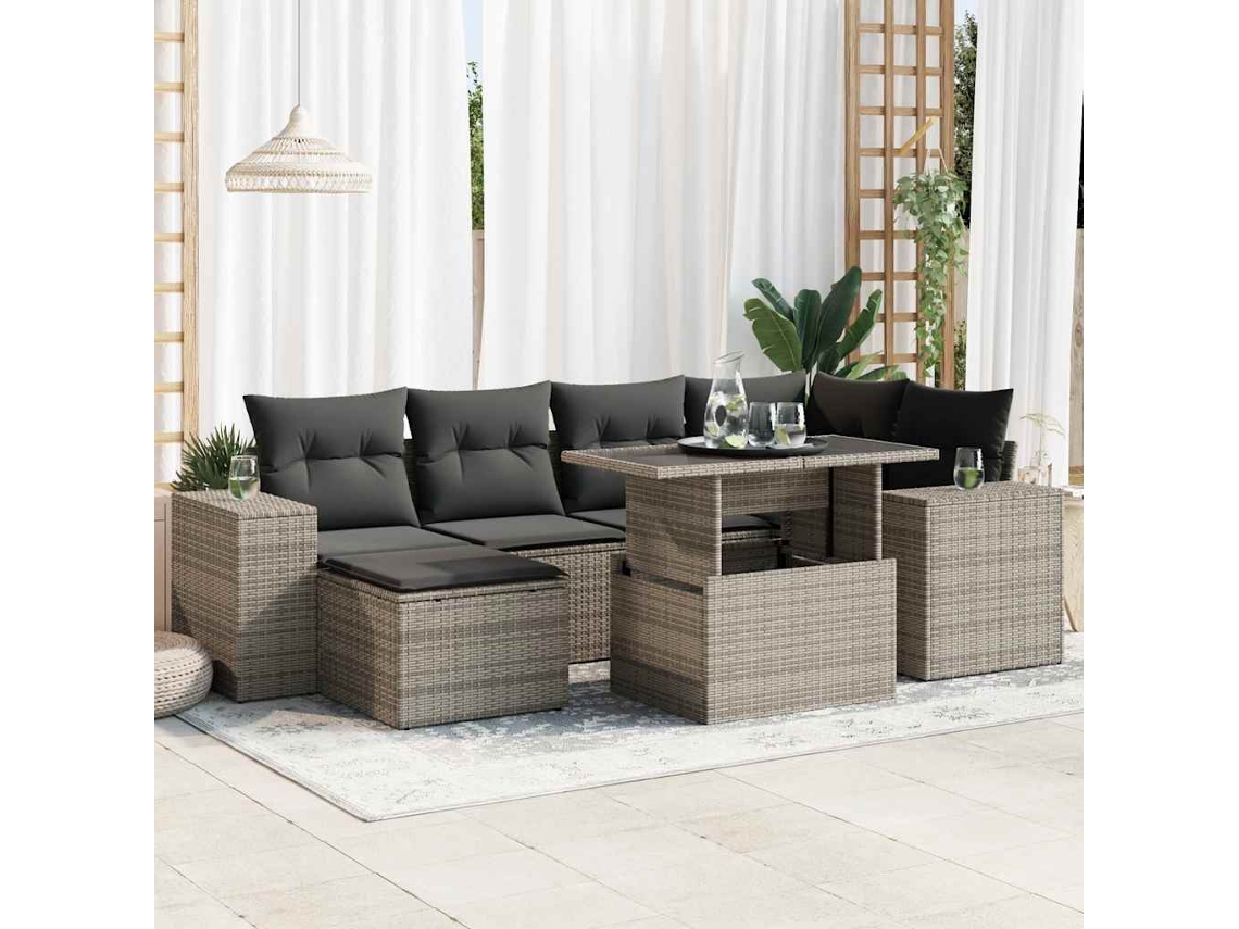 Vidaxl 7 Pcs Conjunto Sofás P/ Jardim C/ Almofadões Vime Pe Cinzento
