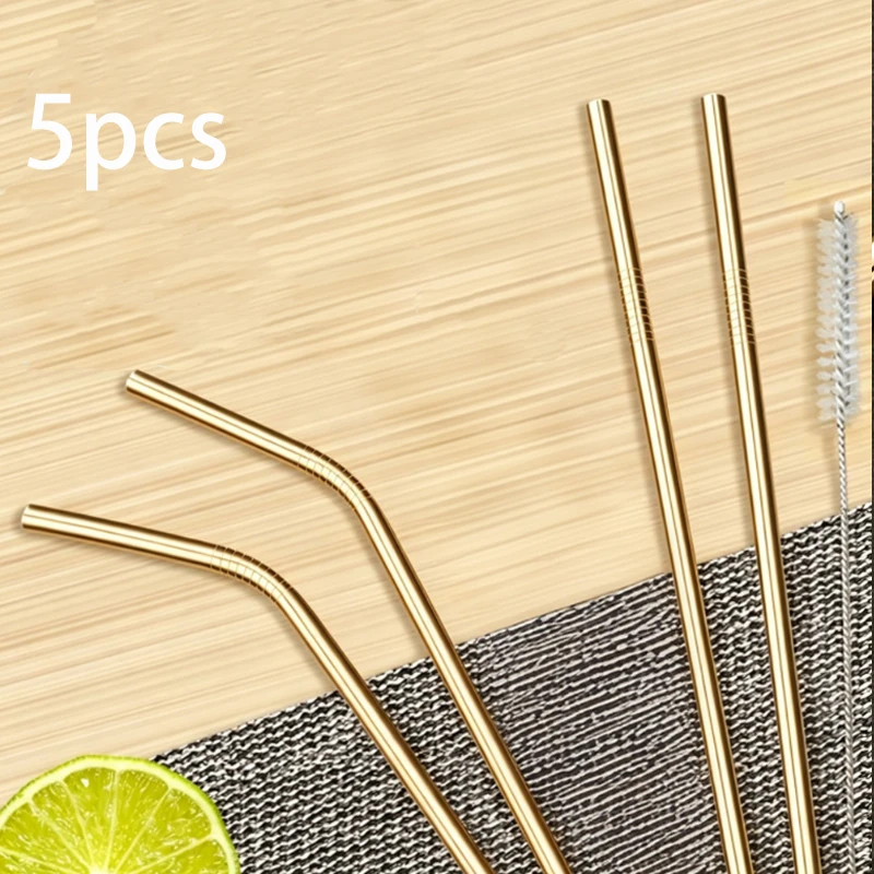 (conjunto De 5 Peças Douradas) Canudos De Aço Inoxidável, Retos E Curvos, Com Escova De Limpeza, Alternativa Ecológica Aos Canudos De Plástico.