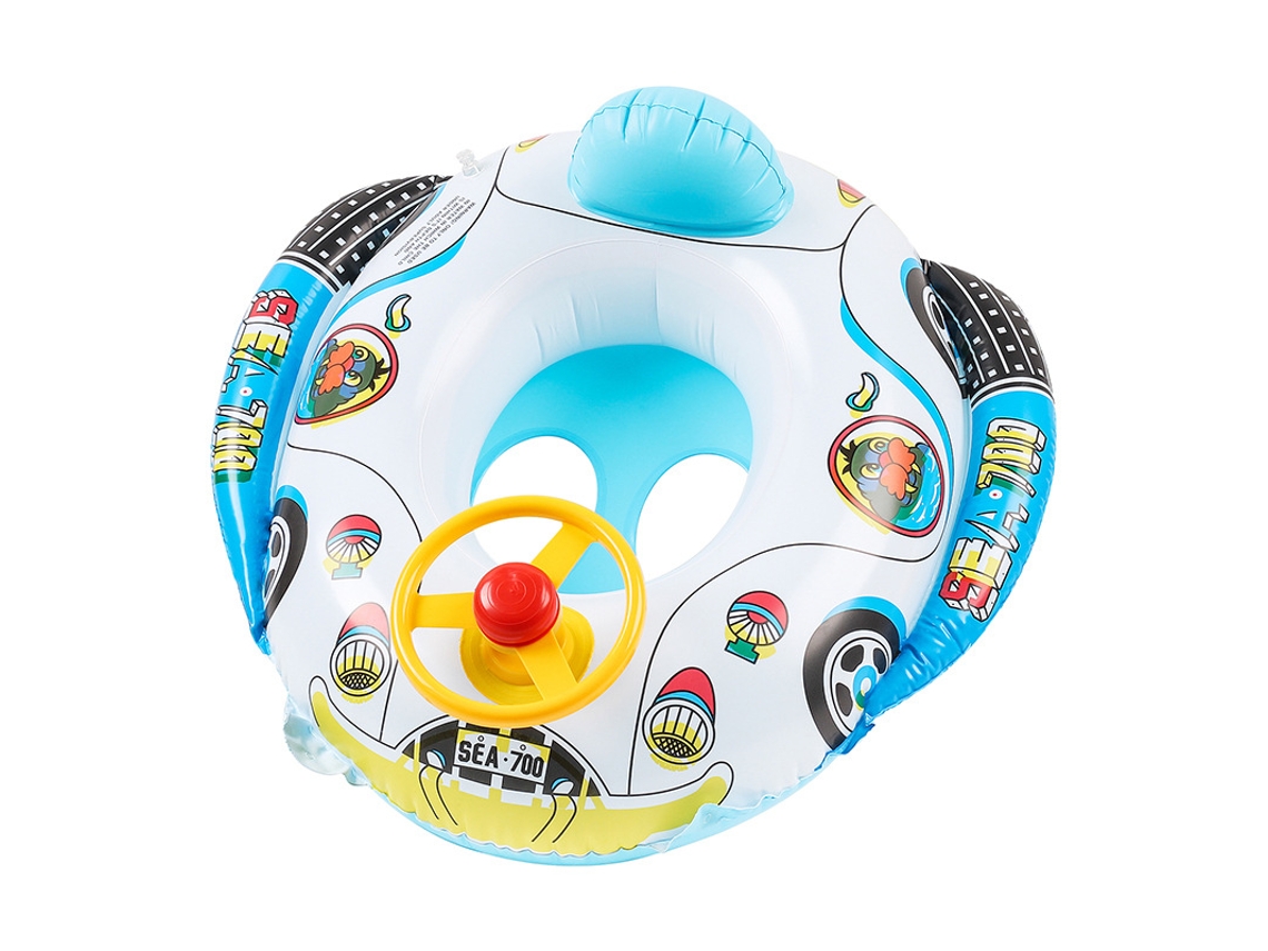Boia Infantil Em Formato Carro Branco E Azul Com Volante Sonoro, Assento Para Bebês, Pvc Inflável Para Piscina E Praia