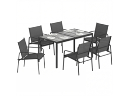 Conjunto De Mesa E Cadeiras De Jardim De 7 Peças Com Mesa Com Efeito Madeira E 6 Cadeiras Com Assento Respirável Preto