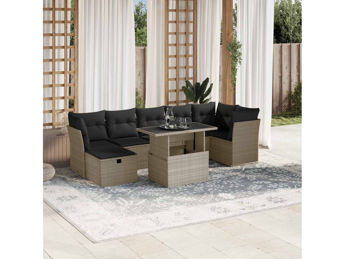 Vidaxl 8 Pcs Conj. Sofás Jardim C/ Almofadões Vime Pe Cinzento-claro