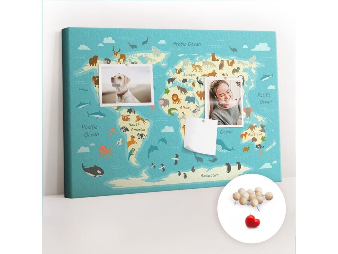 Painel De Cortiça Para Parede Mapa-múndi Com Animais Para O Quarto Das Crianças Espelharte (60x40 Cm)