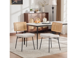 Conjunto 2 Cadeiras Jantar, Chenile, Sem Braços, Madeira Maciça, Estilo Rattan, Pés Metálicos Ajustáveis, Marfim.