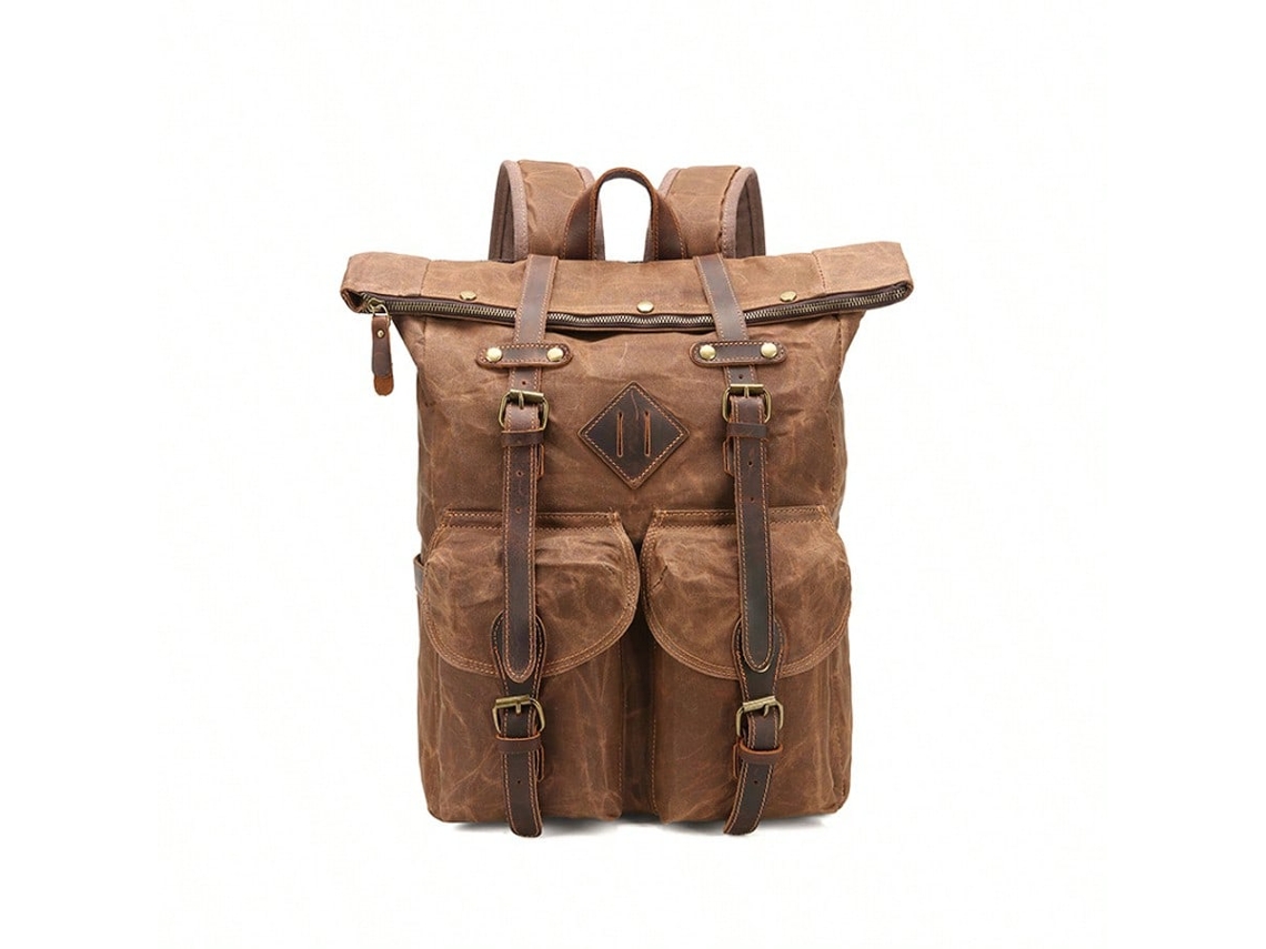 Mochila Impermeável Para Caminhadas, Com Capacidade Para Um Laptop De 15", Feita De Lona Encerada E Couro, Cor Café