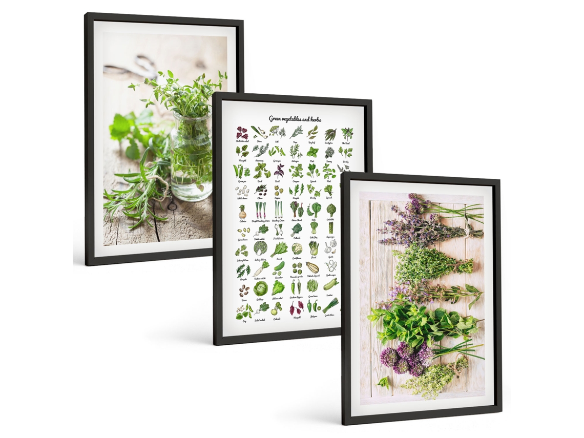 Quadros Decorativos Para Parede Ervas Secas Para A Cozinha Moldura Preta Imagens Para Um Quarto Infantil Espelharte (3 Piezas De 40x60 Cm)