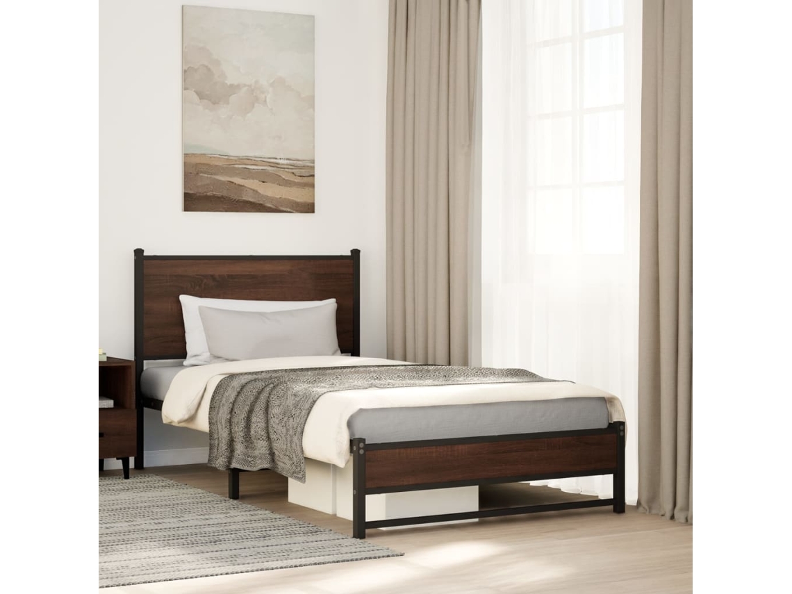 Vidaxl Estrutura De Cama Sem Colchão 107x203cm Metal Carvalho Castanho