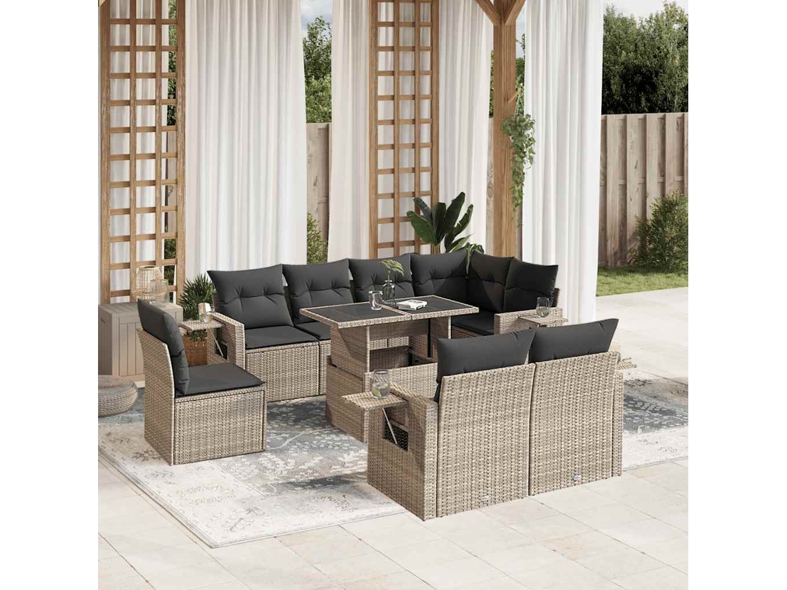 Vidaxl 9 Pcs Conj. Sofás Jardim Com Almofadões Vime Pe Cinzento-claro