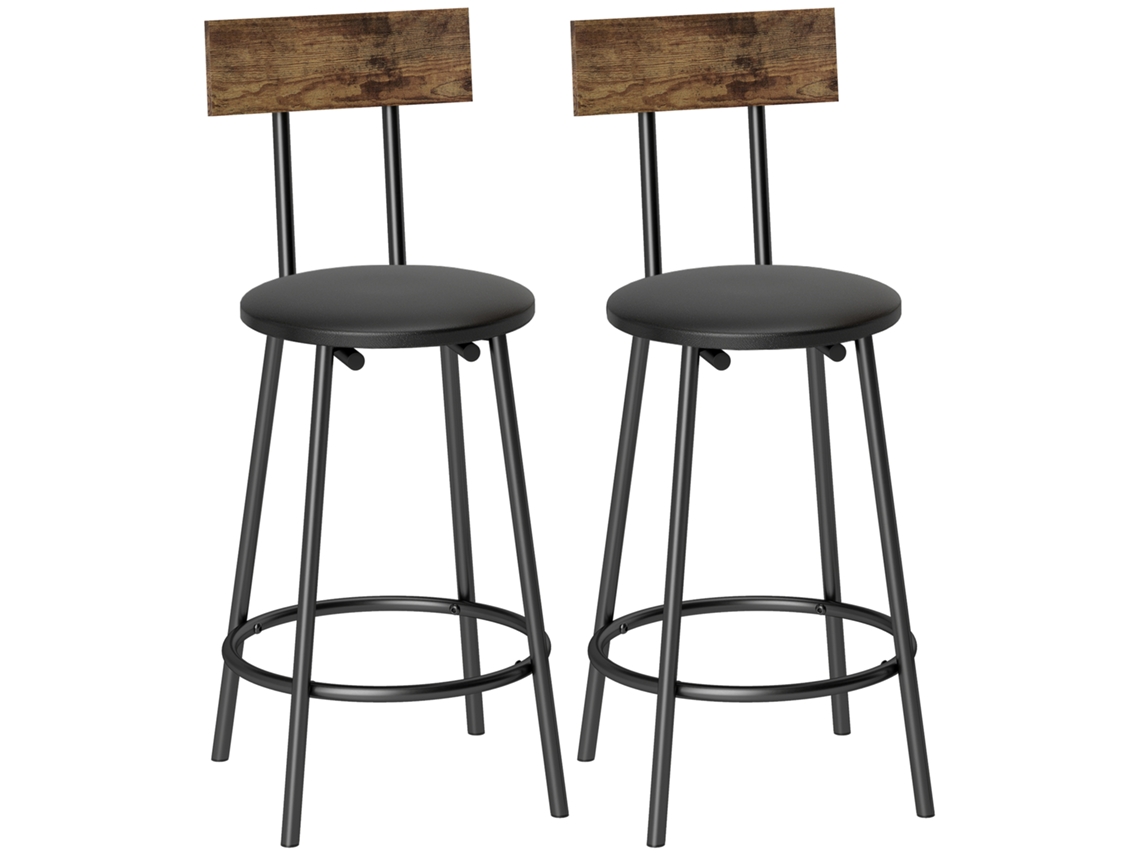 Conjunto 2 Bancos De Bar Com Encosto E Apoio Pés, Estofados Em Pu, 41x47x92 cm, Confortáveis Para Cozinha E Bar, Preto