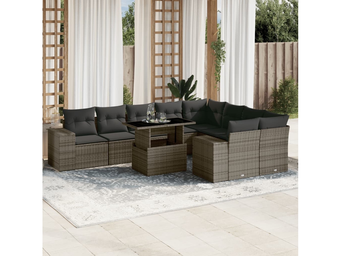 Vidaxl 10 Pcs Conjunto Sofás De Jardim C/ Almofadões Vime Pe Cinzento