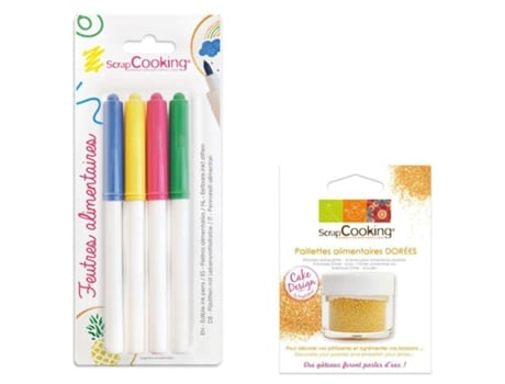 4 Marcadores de Comida Amarelo Verde Rosa Azul + Glitter Dourado Scrapcooking