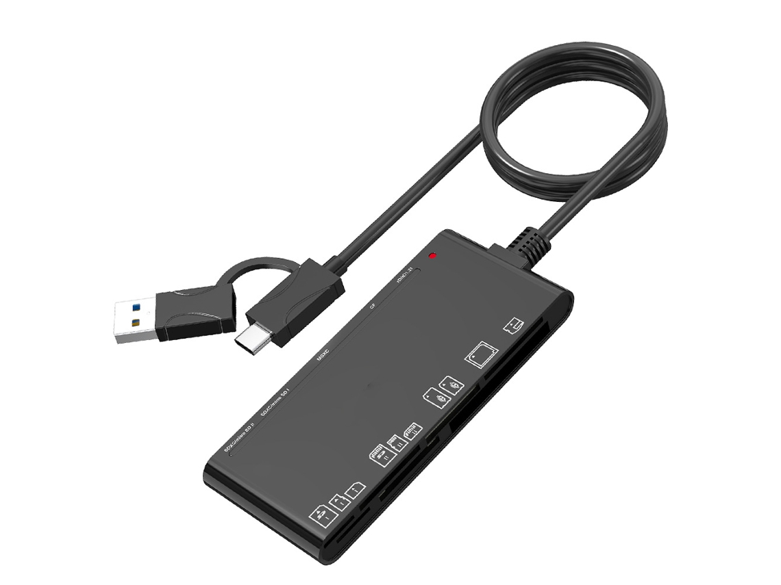 Leitor De Cartão 2 Em 1 Em Preto, Com Conector Usb-a + Usb-c, Compatível Com Todos Os Formatos E Funciona Com Notebooks.