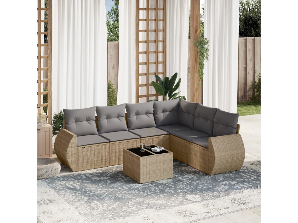 Vidaxl 7 Pcs Conjunto De Sofás P/ Jardim Com Almofadões Vime Pe Bege