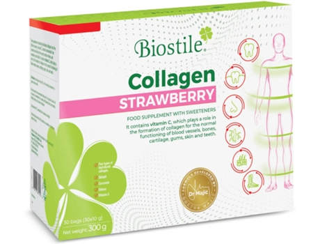 Biostile Collagen Morango - 30 Sachês Com 5 Fontes De Colágeno Hidrolisado, Vitamina C, Curcumina E Shilajit Para Pele, Articulações E Ossos