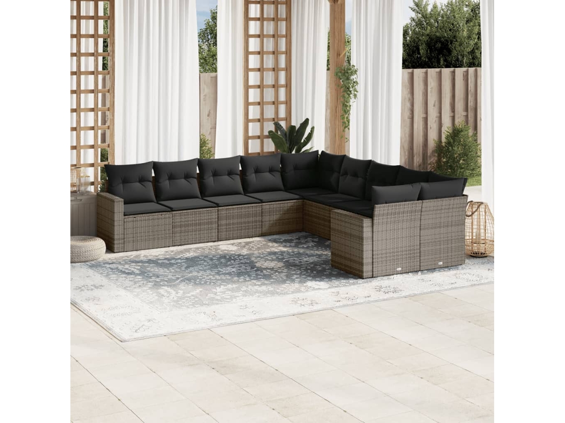 10 Pcs Conjunto Sofás De Jardim C/ Almofadões Vime Pe Cinza Dkd Home Decor