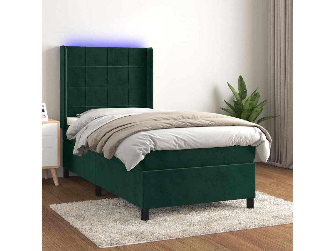 Vidaxl Cama Box Spring C/ Colchão/led 90x200 Cm Veludo Verde-escuro
