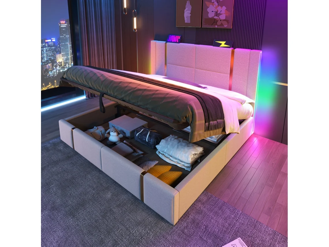 Cama Estofada 160x200 Bege com Led Usb e Aplicativo