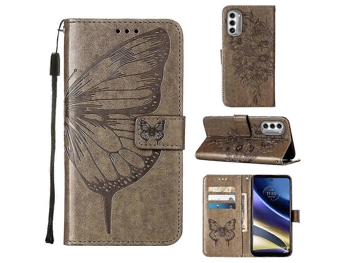 Capa De Celular Flip Em Couro Com Borboleta Em Relevo Para Motorola Moto G52j 5g