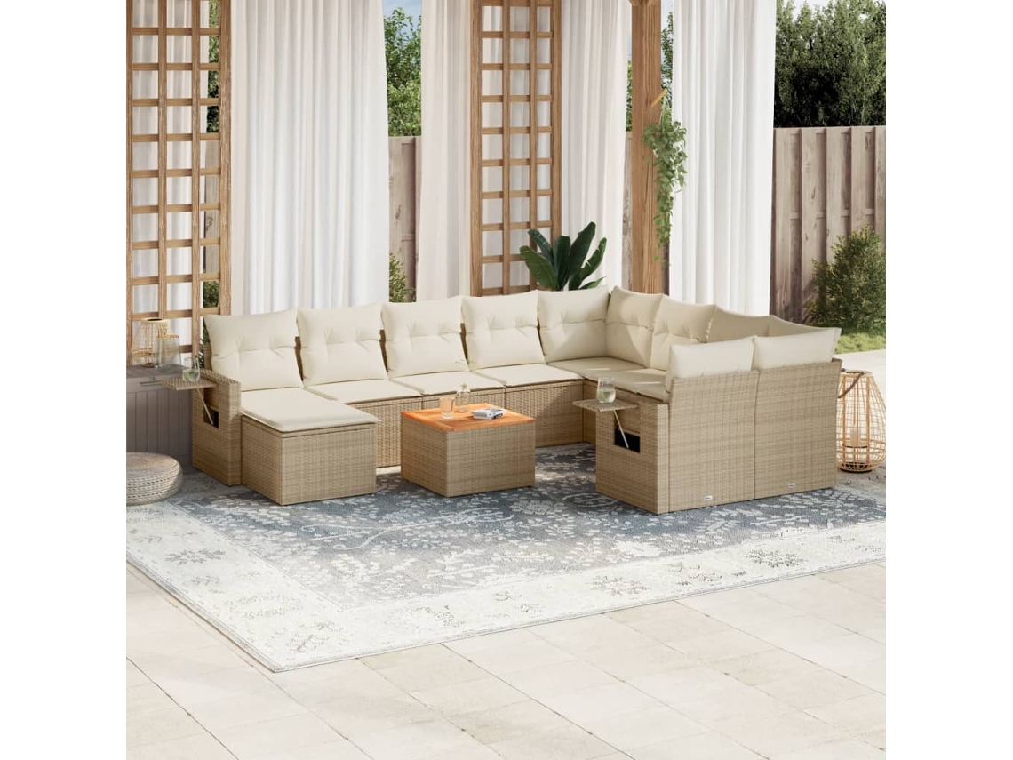 Vidaxl 11 Pcs Conjunto Sofás De Jardim C/ Almofadões Vime Pe Bege