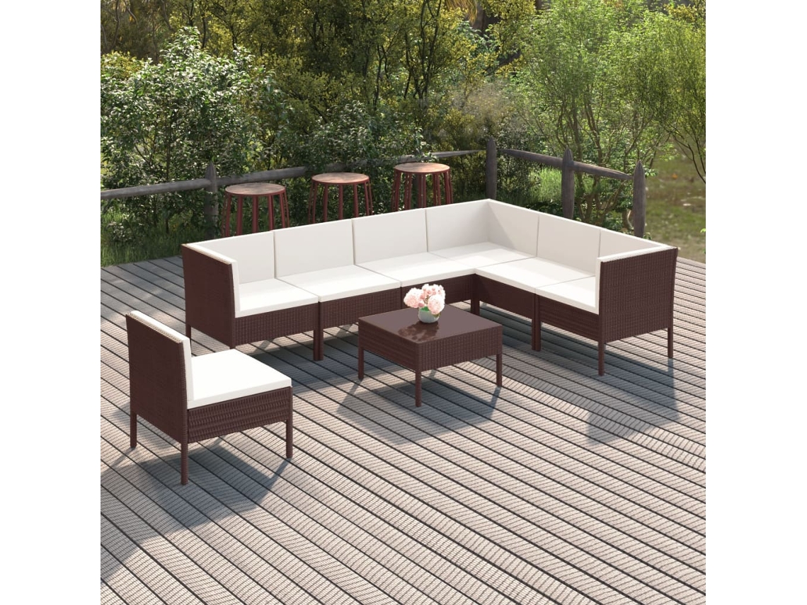 Vidaxl 8 Pcs Conjunto Lounge Jardim C/ Almofadões Vime Pe Castanho