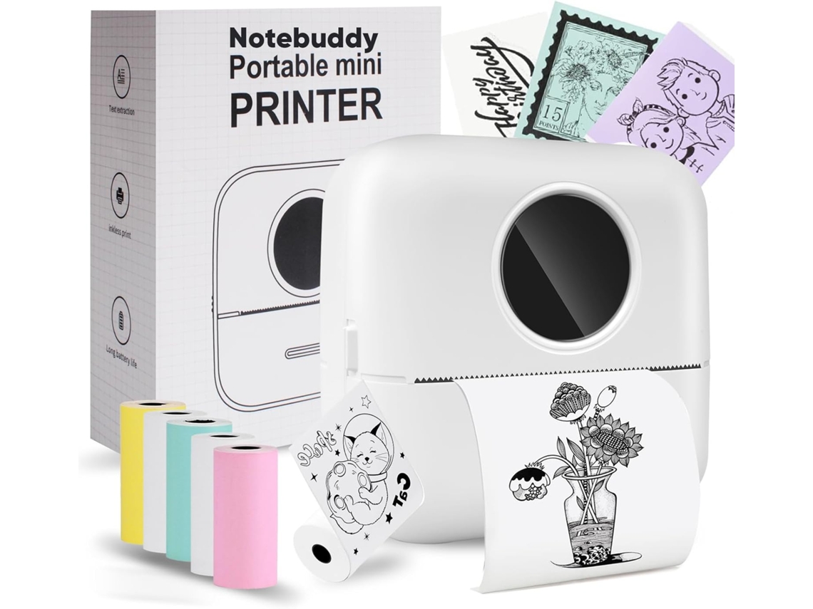 Impressora Térmica Portátil De Bolso Sem Tinta Com Bluetooth E 5 Rolos De Papel Para Diário/livros De Recortes Diy/viagens/anotações( Branca)