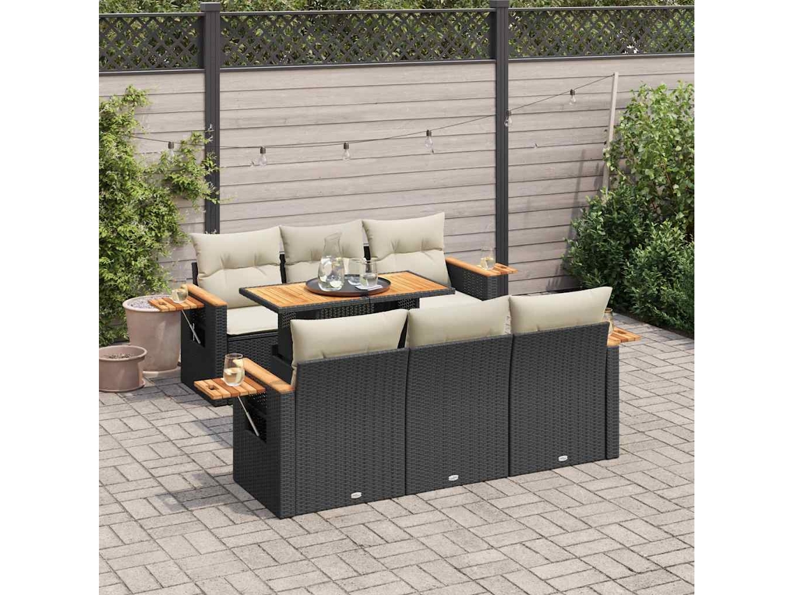 Vidaxl 7 Pcs Conjunto Sofás Jardim C/ Almofadões Vime Pe/acácia Preto