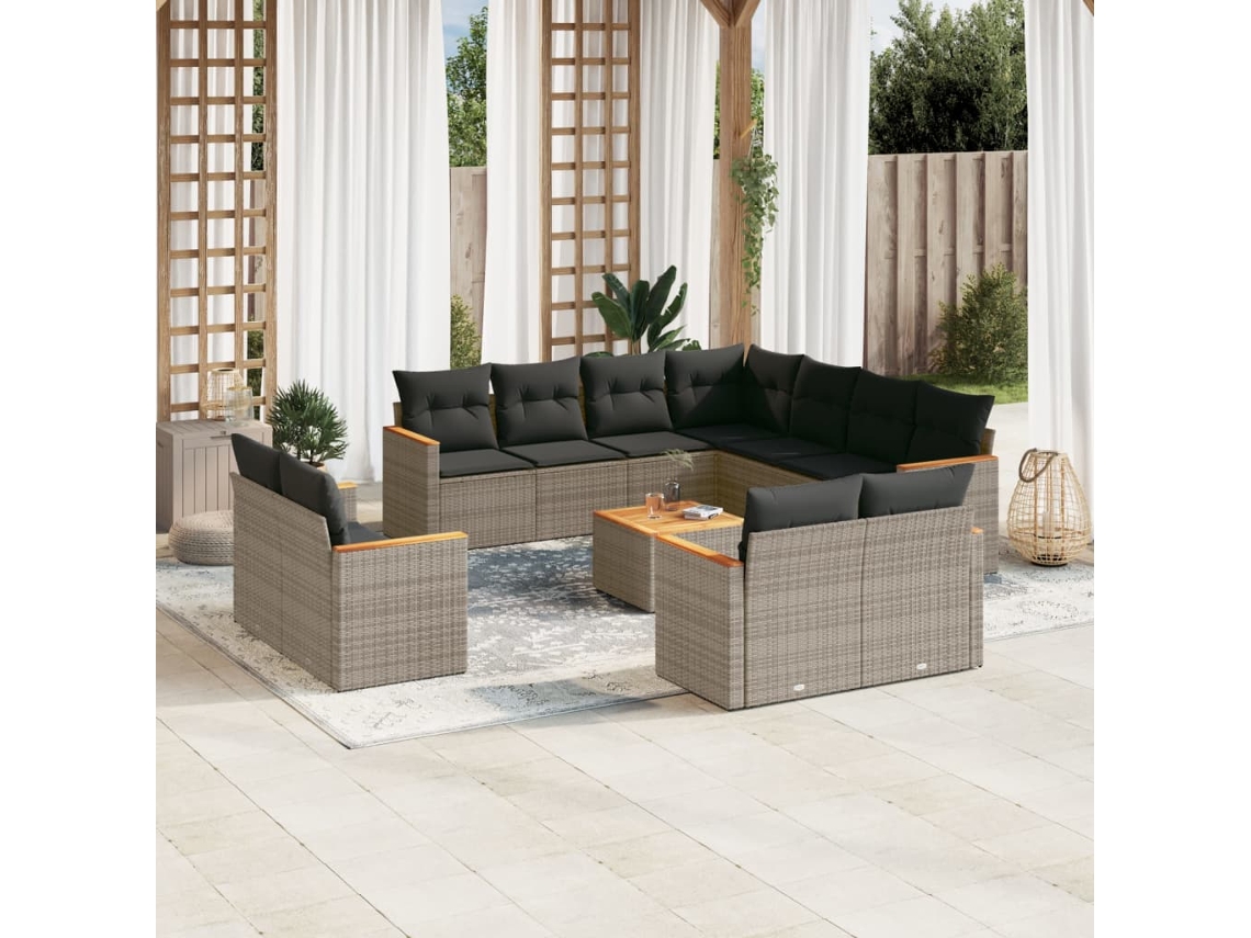 12 Pcs Conjunto De Sofá Jardim C/ Almofadões Vime Pe Cinza Dkd Home Decor