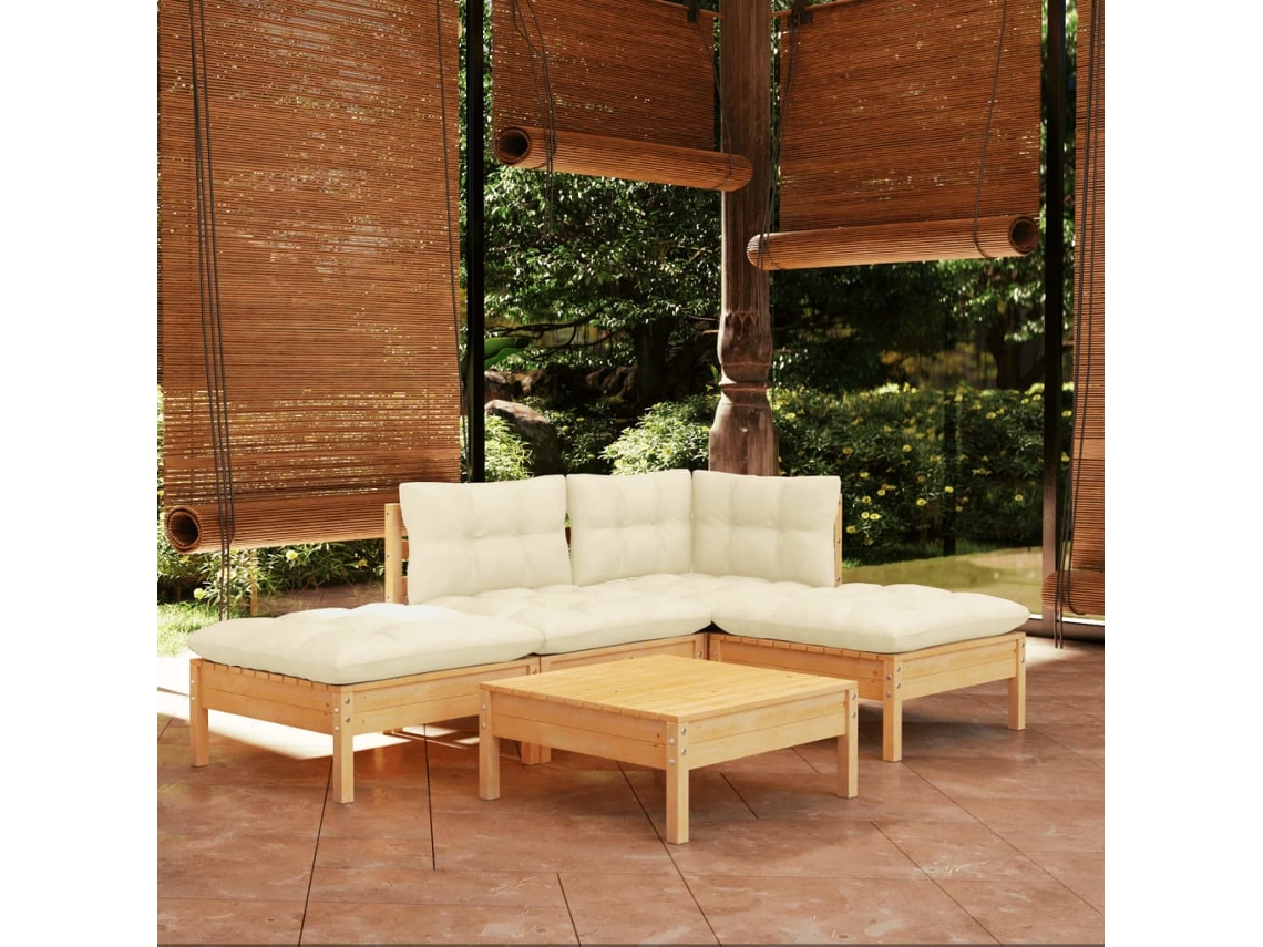 Vidaxl 5 Pcs Conjunto Lounge Jardim C/ Almofadões Cor Creme Pinho