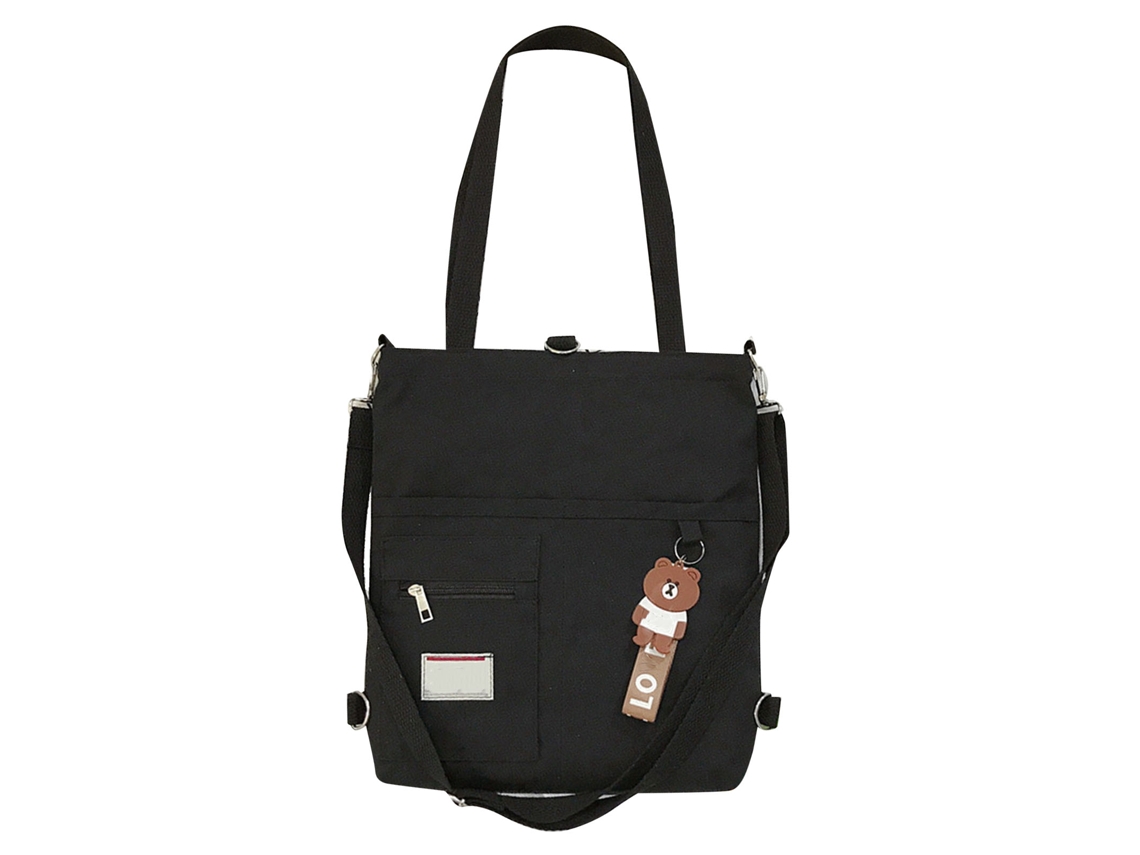 Bolsa de Ombro de Lona para Mulheres Meninas Estudantes Estilo Japonês Casual com Pingente de Urso Preta