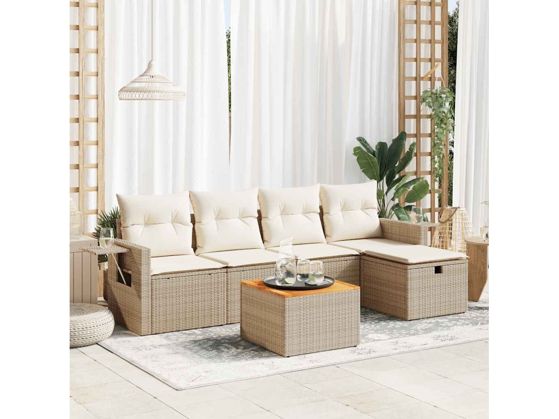 Vidaxl 6 Pcs Conjunto De Sofás P/ Jardim Com Almofadões Vime Pe Bege